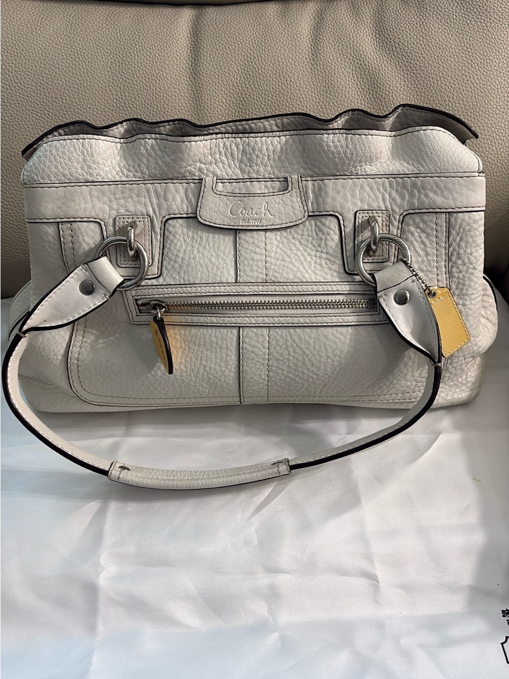 Coach White Pebbled Leather Shoulder Tote with Yellow Tag
